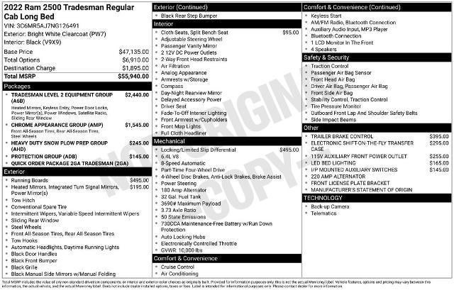 2022 RAM 2500 Tradesman 4x4 Reg Cab 8' Box
