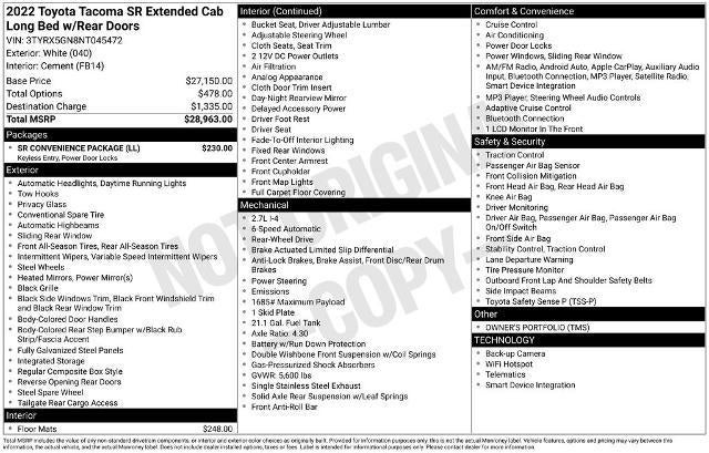 2022 Toyota Tacoma 2WD 2WD SR Access Cab 6' Bed I4 AT (GS)